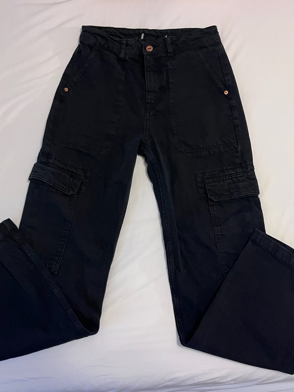 Zara Black denim high rise straight leg cargo pants with a relaxed fit